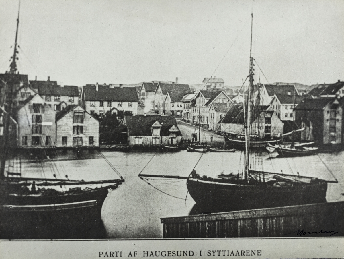 Parti fra Haugesund i 1870-årene sett mot øst. Midt i byen.
