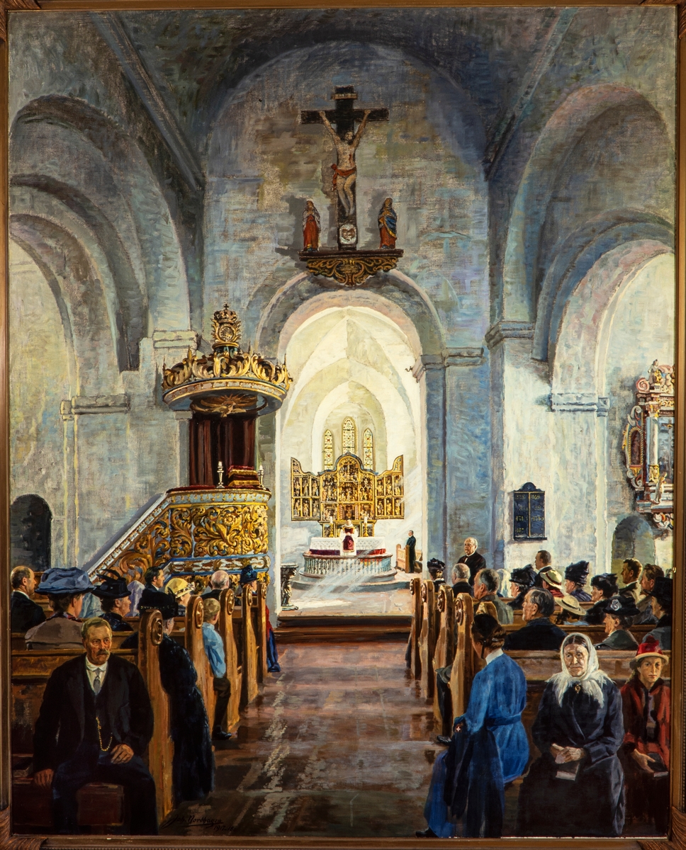 Maleri, kunst, Johan Nordhagens maleri, interiør fra Ringsaker kirke. Malt 1917-1918