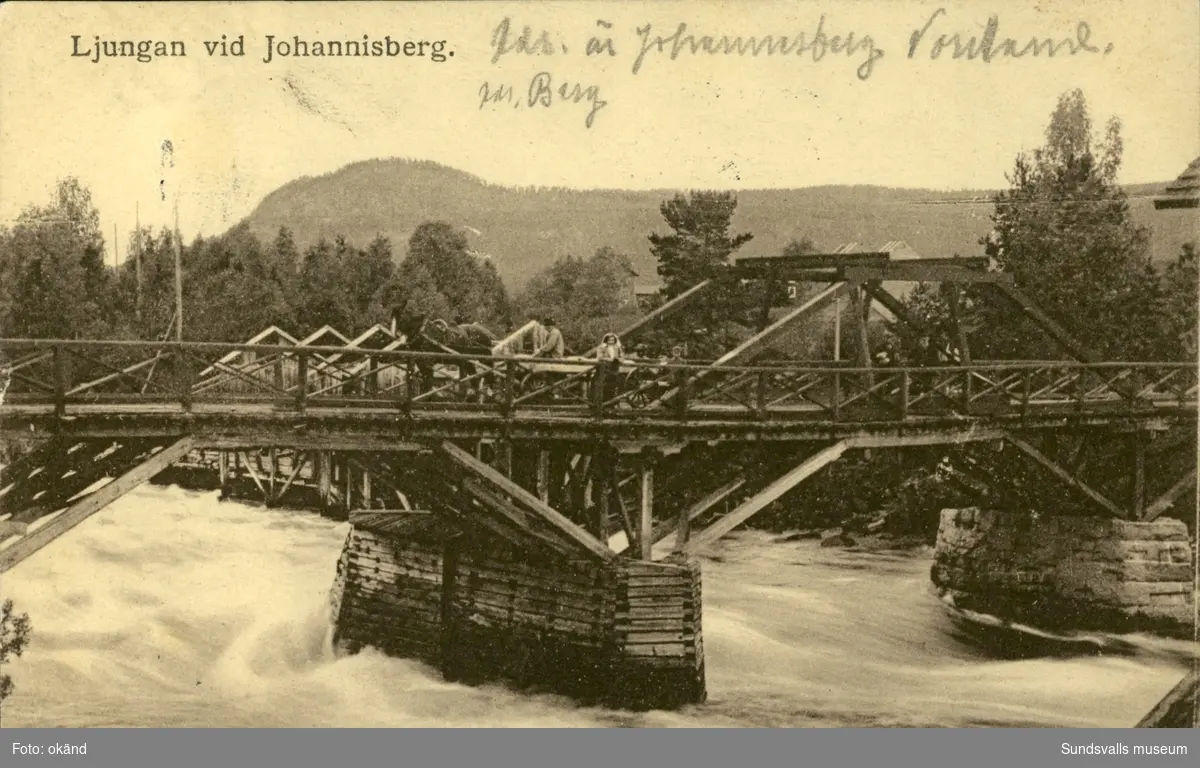 Vykort med motiv över Ljungan och bron i Johannisberg.