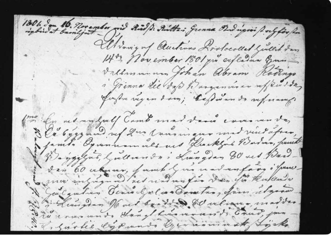 Fotografi av handling: auktionsprotokoll (1/2), daterat 14 nov 1801.