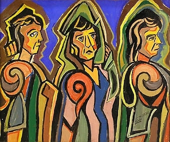 Enligt liggaren: Oljemålning på tre kvinnor. Den kallas: De tre Mariorna på väg till graven. Signerad 1976.