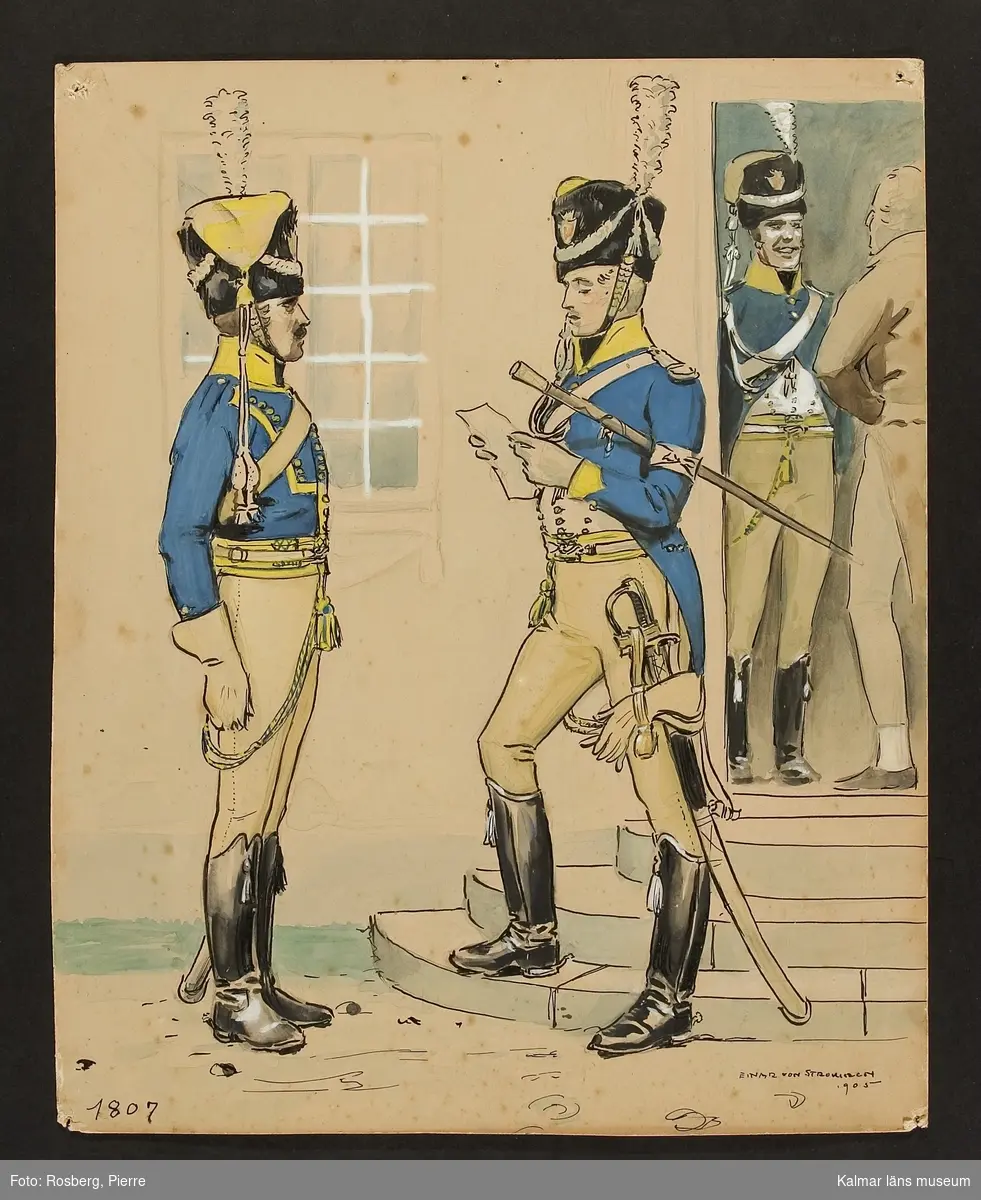 Motiv med husarer som visar mundering, utrustning, uniform och tillbehör vid Smålands husarregemente 1807.