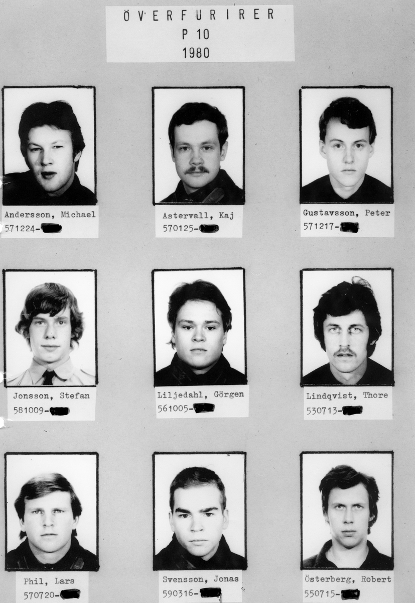 Nya överfurirer 1980

Michael Andersson, Börje Asterrvall, Peter Ahlström fd Gustavsson, Stefan Jonsson, Jörgen Liljedahl, Thore Lindqvist, Lars Pihl, Jonas Svensson och Robert Österberg.