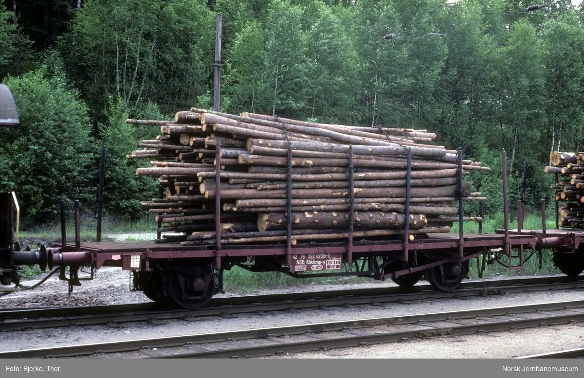 Plattformvogn litra Kbkkmp-y nr. 322 0238 lastet med tømmer på Nordagutu stasjon