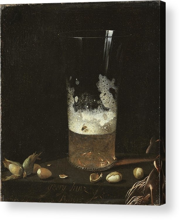 Trumpetformad bägare med en etsad fluga.
Glaset finns avbildat på oljemålningen "Still Life with a Glass of Beer and Nuts" utförd av tysken Johann Georg Hainz (NM 5225), 
som var verksam 1666-1700. Bägaren är framtagen efter denna målning, som visades på Nationalmuseums utställning "Stilleben" 1995. 
Glaset gavs som invigningsgåva till Smålands museum, juni 1996 från Nationalmuseum.
Inskrivet i huvudkatalogen tidigast 1996.