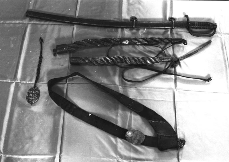 The towns' watchmen's weapons: a saber, two whips, a belt with a badge and a chained badge.