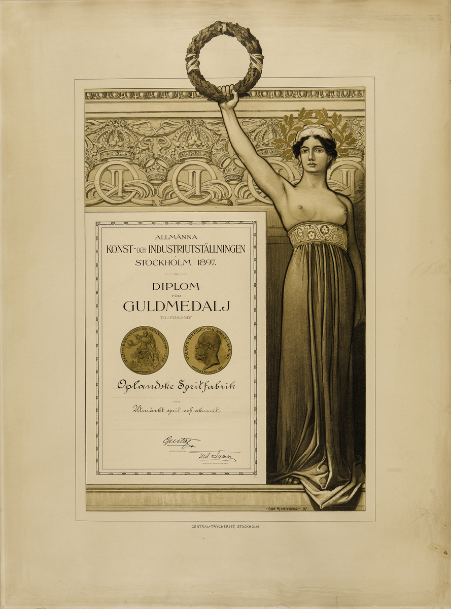 Gullmedalje gitt Oplandske Spritfabrik i Stockholm i 1897. Prisen er gitt for «Utmärkt sprit och akvavit» . 

