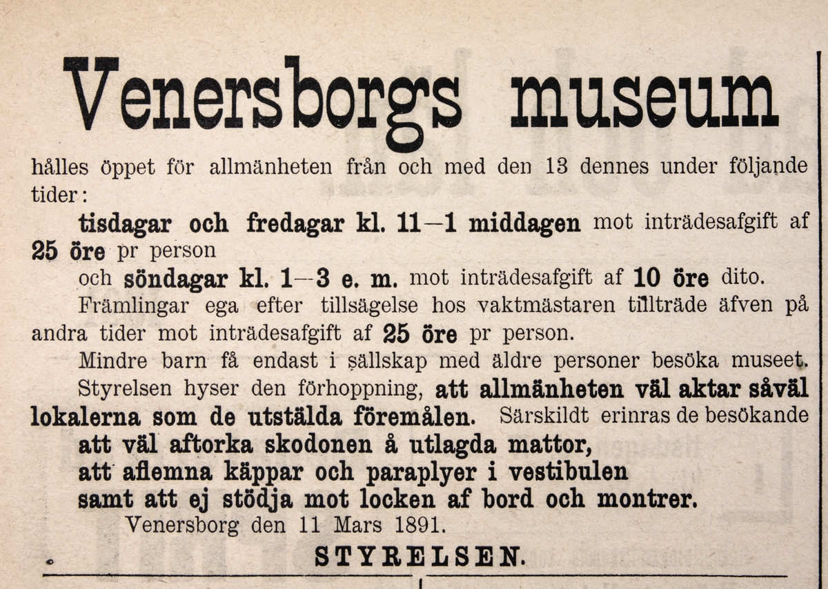 Vänersborgs museum. Annons ur Tidning för Wenersborgs stad och län. Fredagen den 13 mars 1891.