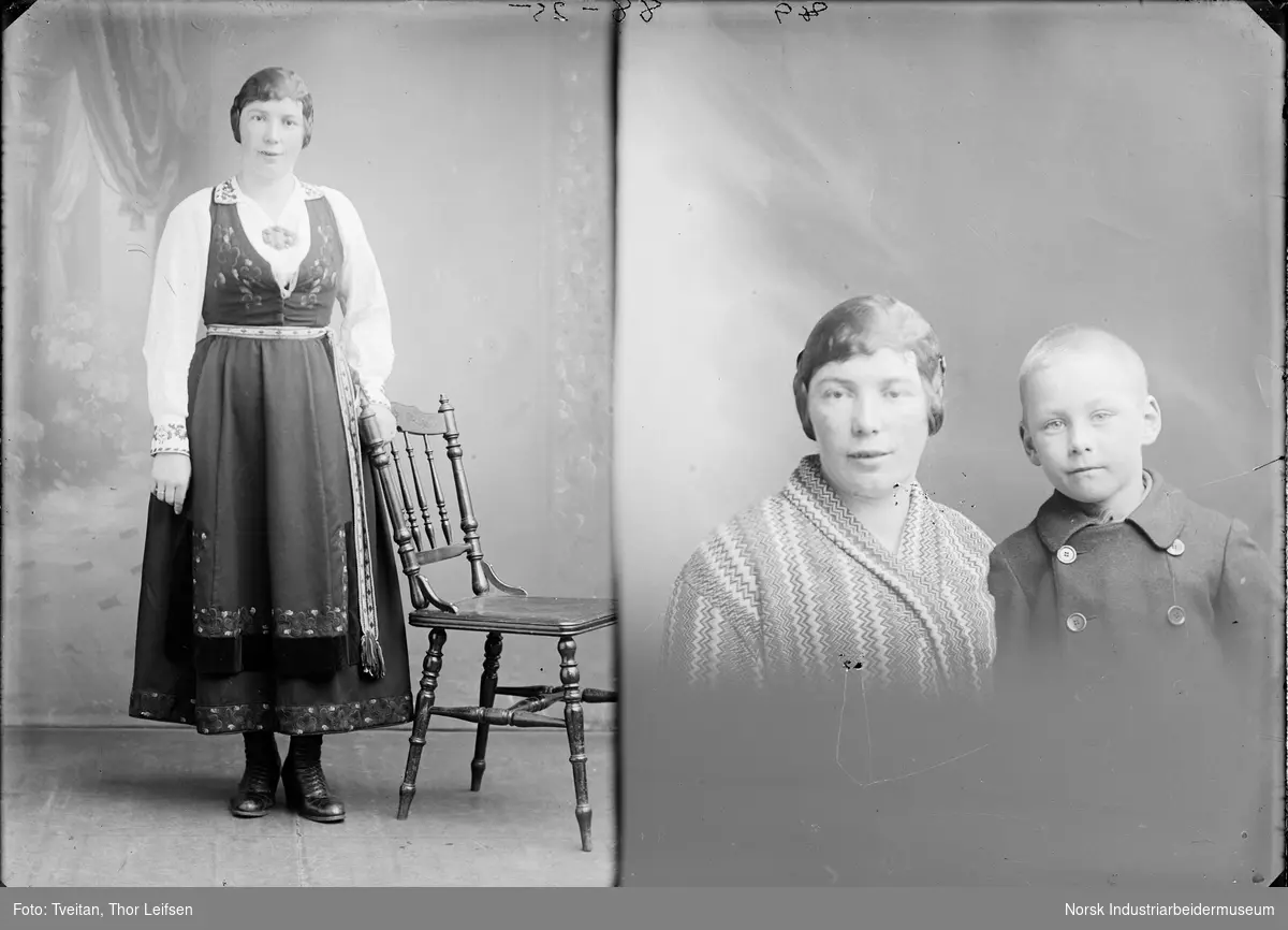 Ateliefoto. Todelt portrett kvinne i bunad stående ved stol. Dame og barn sammen.