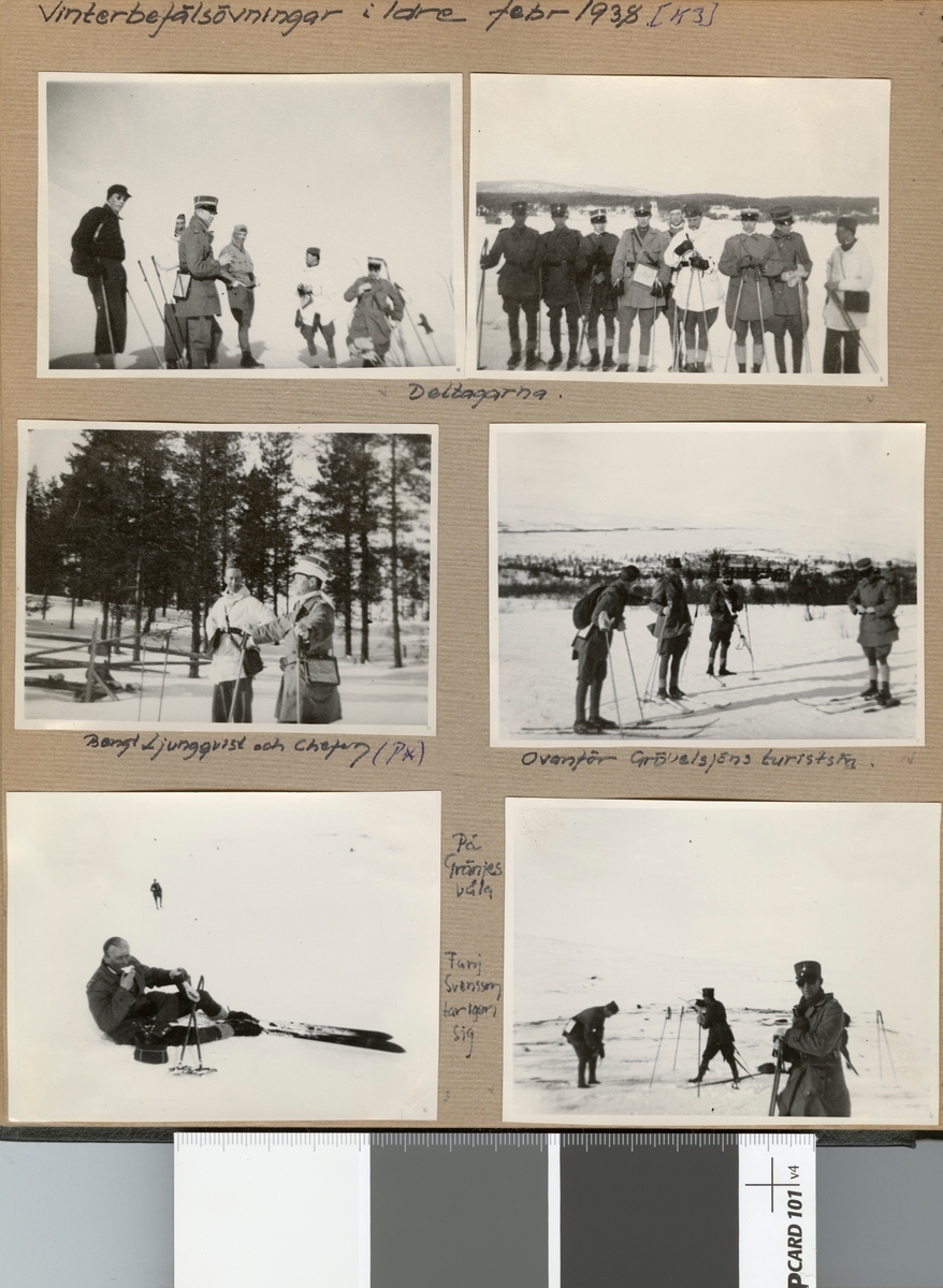 Text i fotoalbum: "Vinterbefälsövningar i Idre febr 1938. På Gränjes våla".