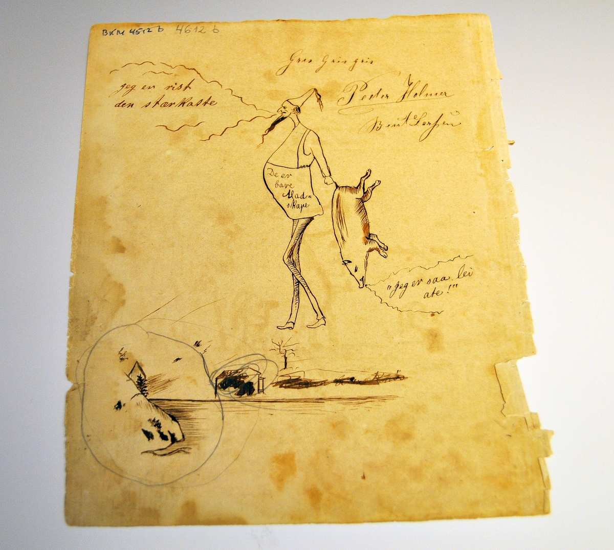 4 ark med små satiriske tegninger og tekster m.m. Blyant/penn på papir. Uinnrammet. En med signaturen Theodor S. Kittelsen.