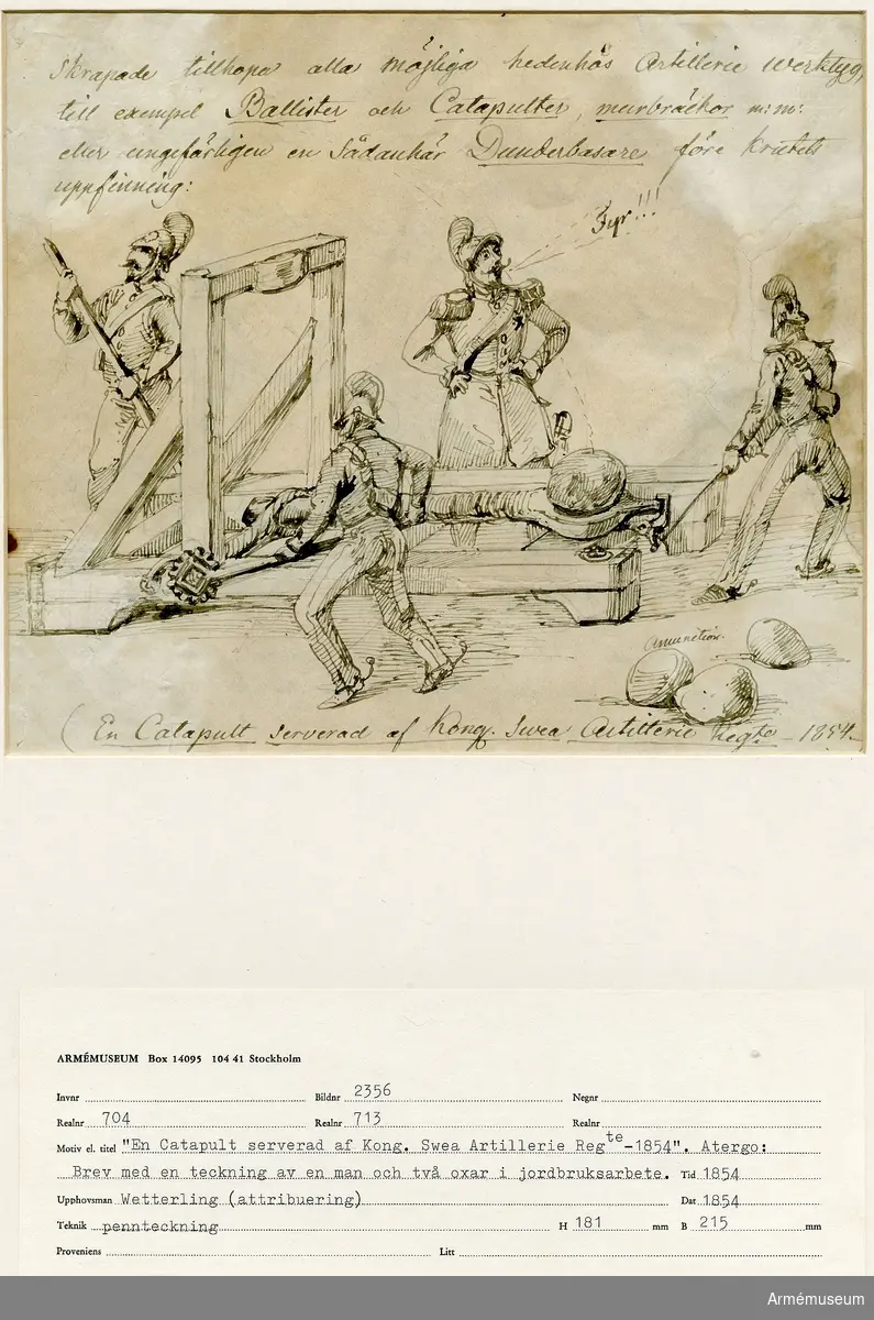Grupp M I.

Teckning av Alexander Wetterling föreställande "En Catapult serverad af Kongl. Svea Artilleri Reg:te 1854, omfamning, sepia".