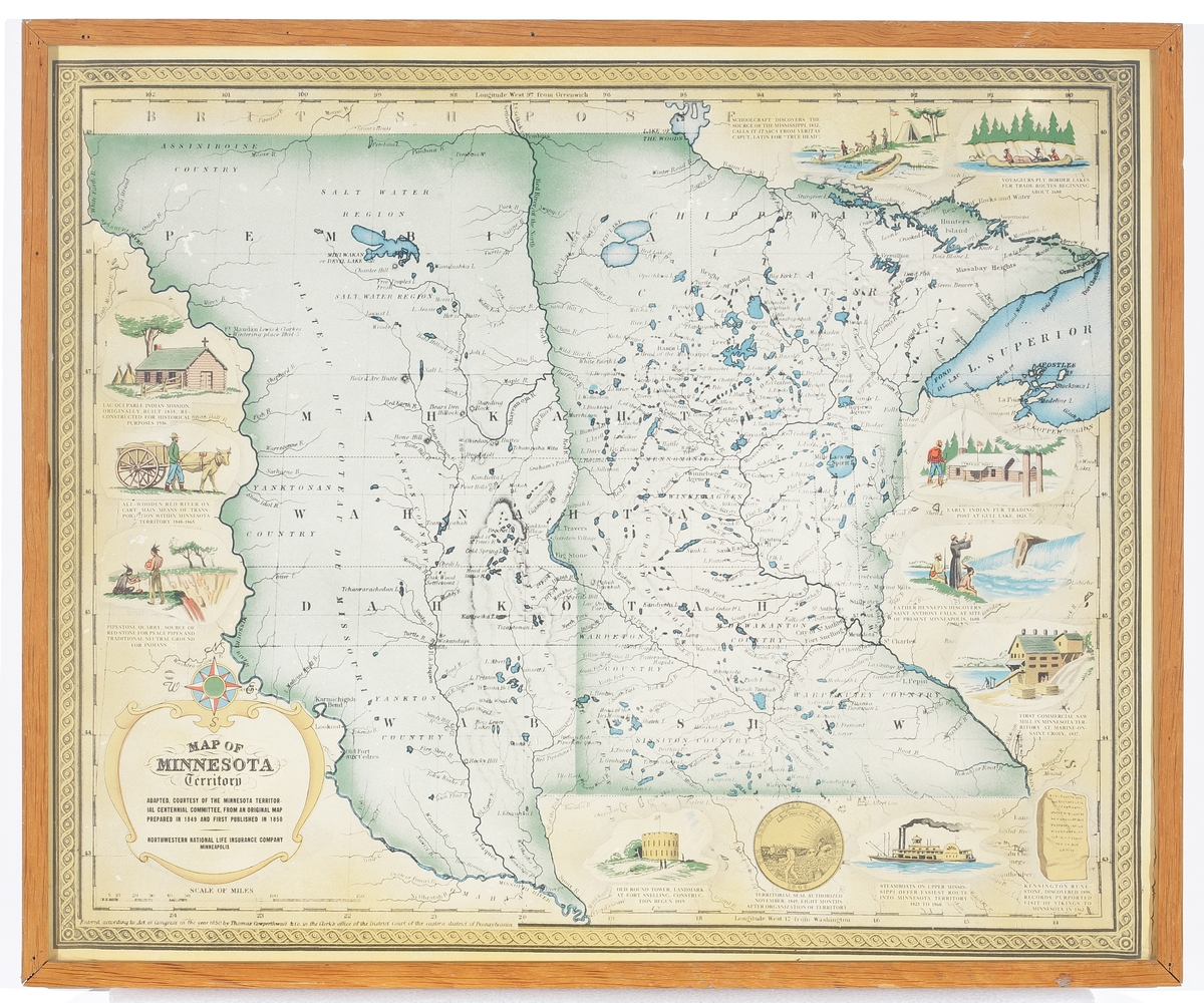 En kolorerad karta över staten Minnesota, USA, 1850. Reproduktion. Inglasad, enkel fernissad träram.