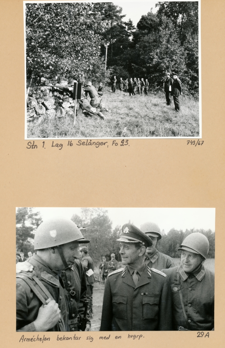 Rikshemvärnstävlingen 1967, sid 6

Från Stn 1.

Bild 1.  Lag 16 Selånger, Fo 23

Bild 2. Arméchefen bekantar sig med en hvgrupp. Foto: Evert Wahlberg.