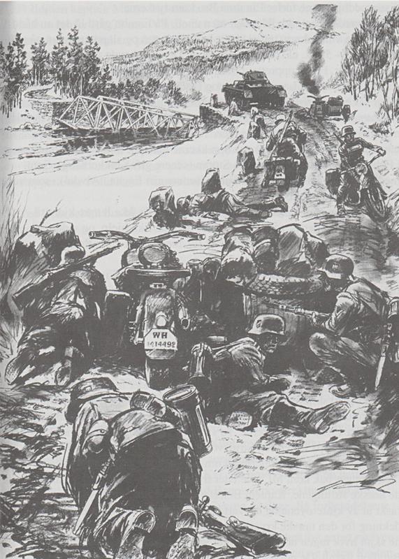 tegning fra slag ved Nåverdal bru andre verdenskrig