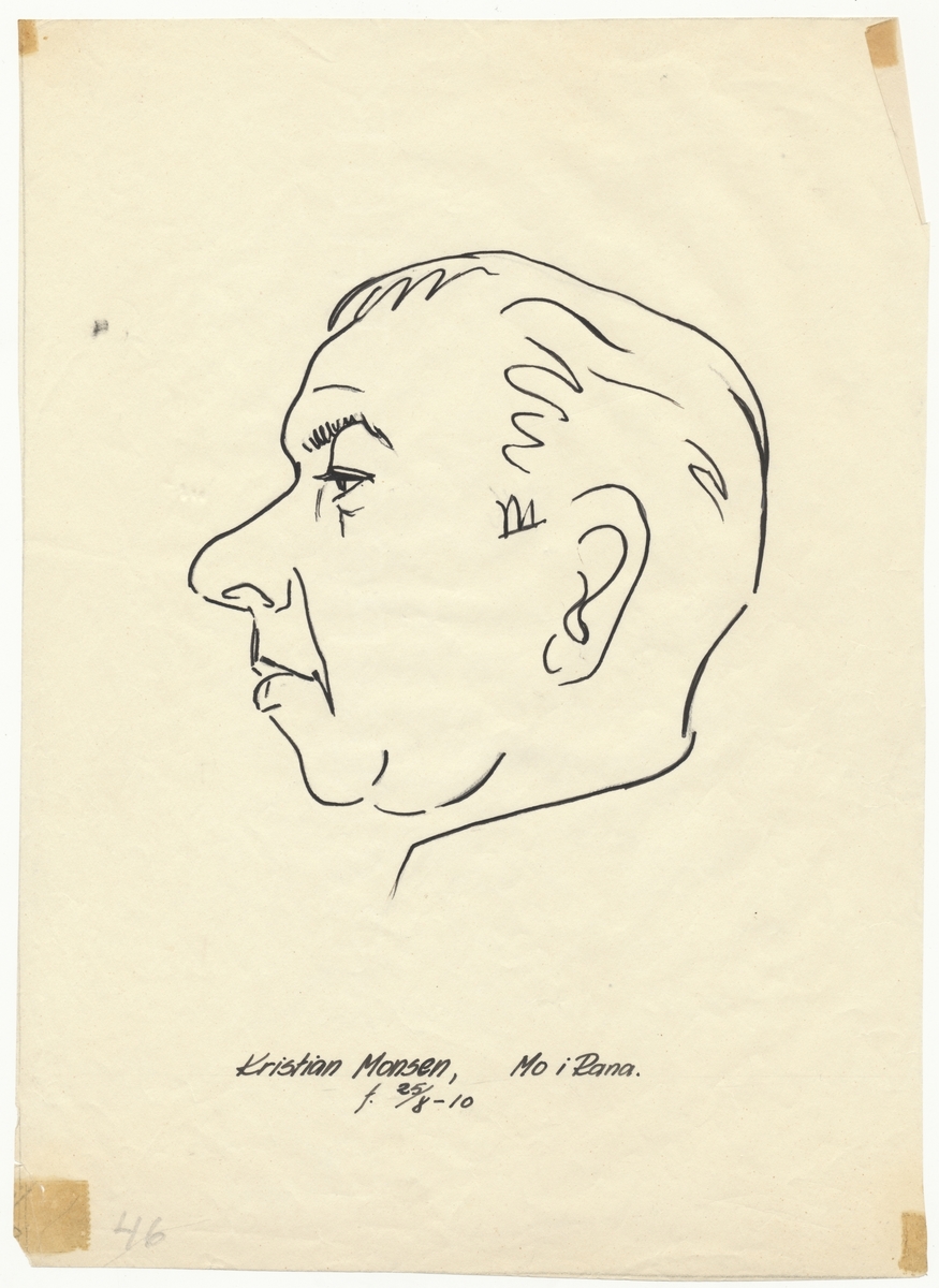 Portrettegning (karikatur) av falstadfange Kristian Monsen (f. 1918), Mo i Rana.