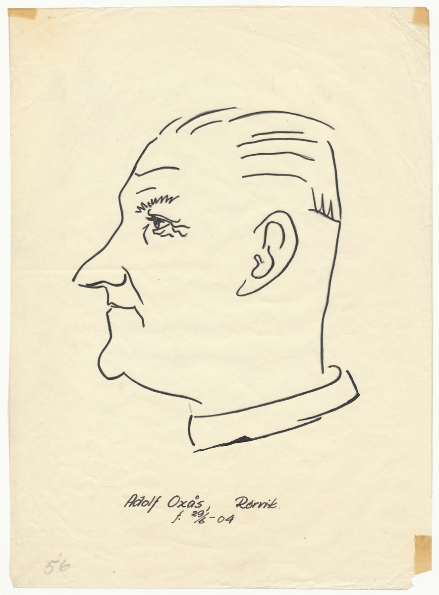 Portrettegning (karikatur) av falstadfange Adolf Oxaas (f. 1904), Rørvik.