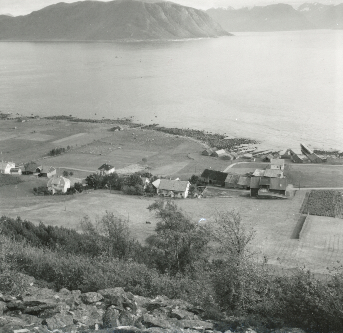 Prospektfotografi av Gjuv-garden på Godøy, sett fra fjellet.