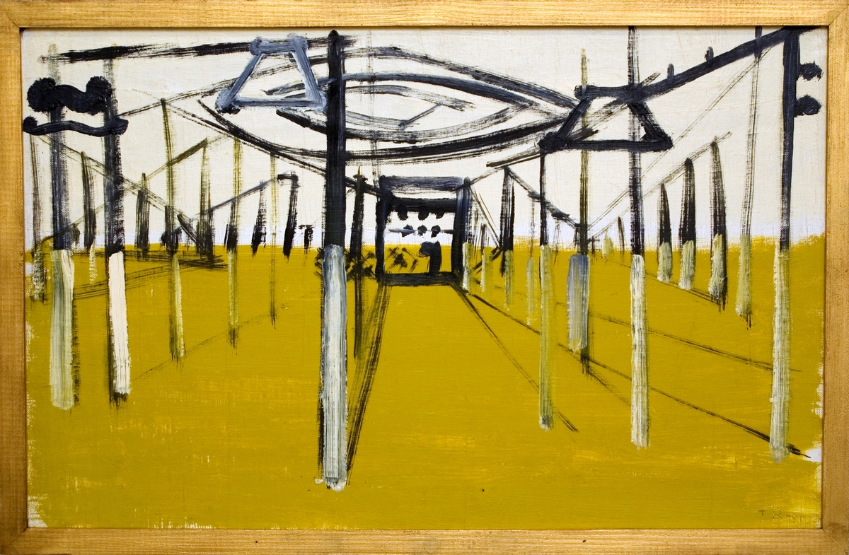 Oljemålning, "Transformator II" av Torsten Renqvist. -51 Rader av svart och vita ledningsstolpar på gulgrön mark.