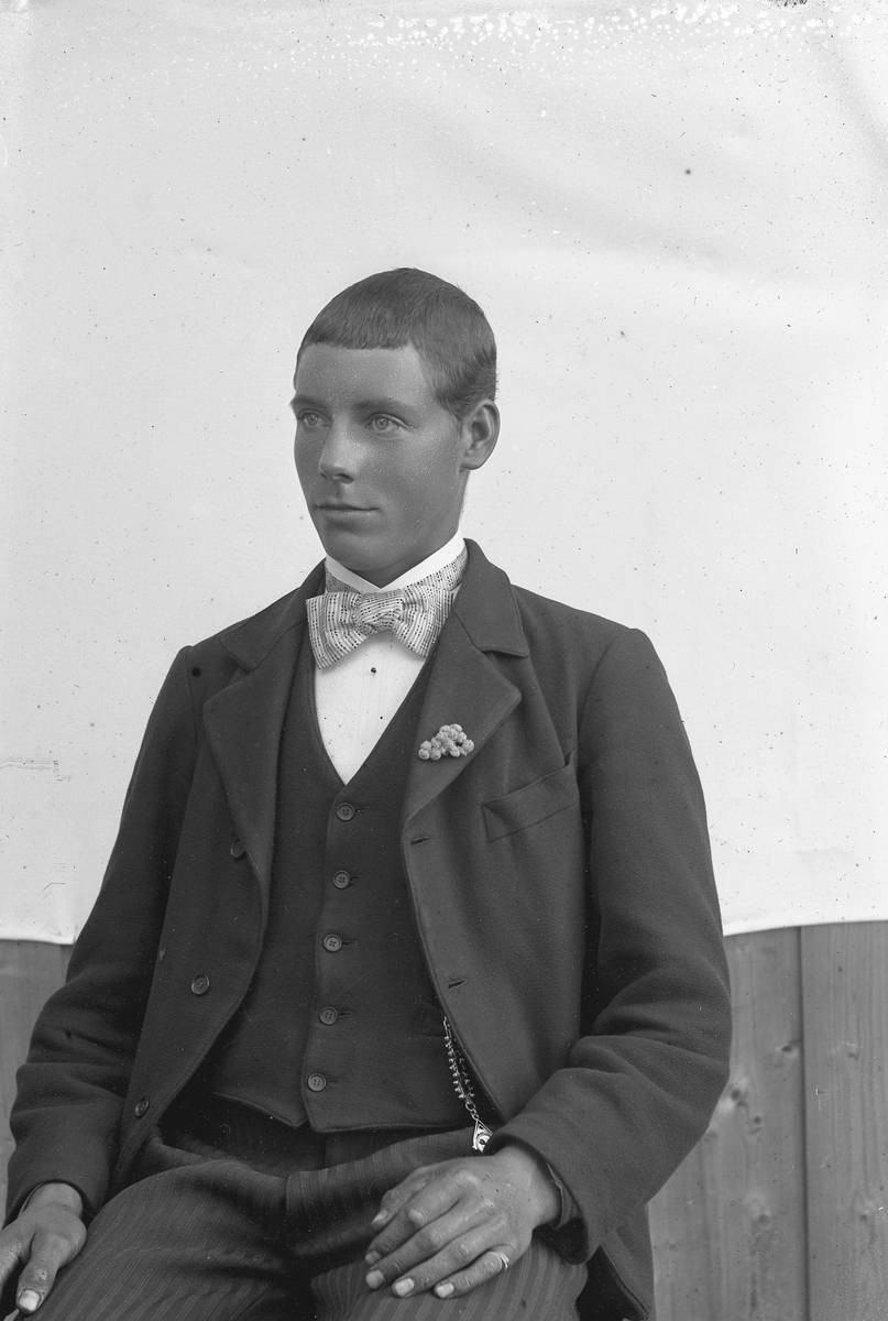 Ung mann i dress og lys sløyfe, pynt på jakkeslaget, klokkekjede.
