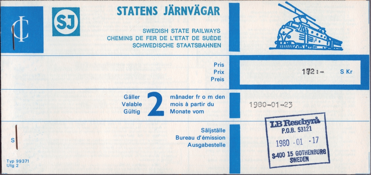Två biljetter i ett häfte köpt på LB Resebyrå i Göteborg:
Biljett i 1:a klass från Helsingbort direkt till Puttgarten Mitte See. Priset är 172 kronor. I övre högra hörnet är det stämplat LB Resebyrå 1980-01-17.
Bliljett i 1:a klass från Puttgarten Mitte See direkt till Helsingborg. Priset är 172 kronor. I övre högra hörnet är det stämplat LB Resebyrå 1980-01-17.
På baksidan står att biljetten är giltig i två månader från 1980-01-23 och att priset är 172 kronor.
På baksidan finns reseinformation på franska och tyska.