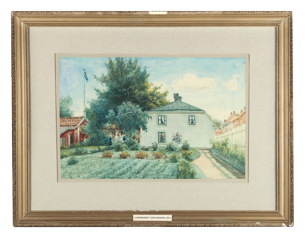 Målning, akvarell, Gävle arbetsstuga, S. Kungsgatan 31. Sign. Johnny Miller 1903.