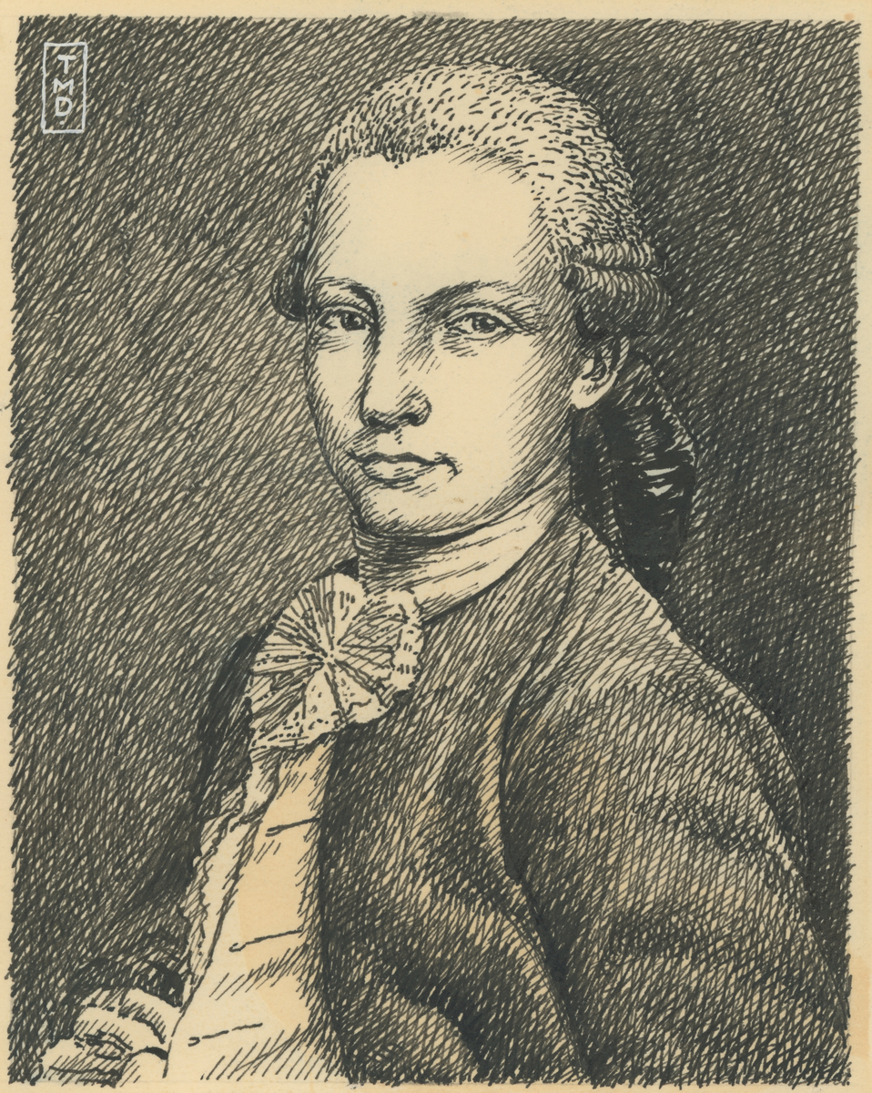 Kjøpmann David Chrystie (1771-1835), trelasthandler/eksportør, sønn av David Chrystie d.e. Tegning som gutt av Trygve M. Davidsen, etter maleri, ukjent årstall.
