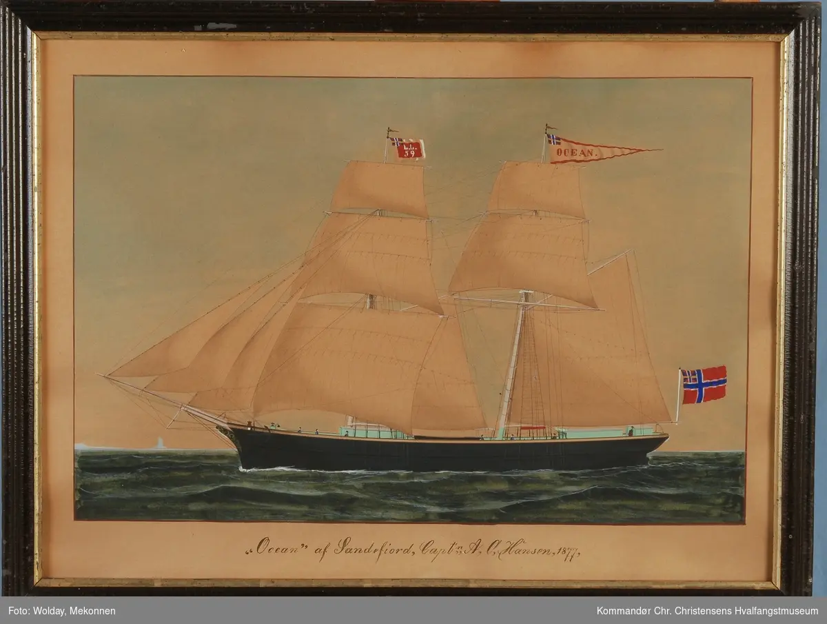 Brigg OCEAN af Sandefjord, ført av Capt. A.C. Hansen
I flagg fokkemasten L.L. 59