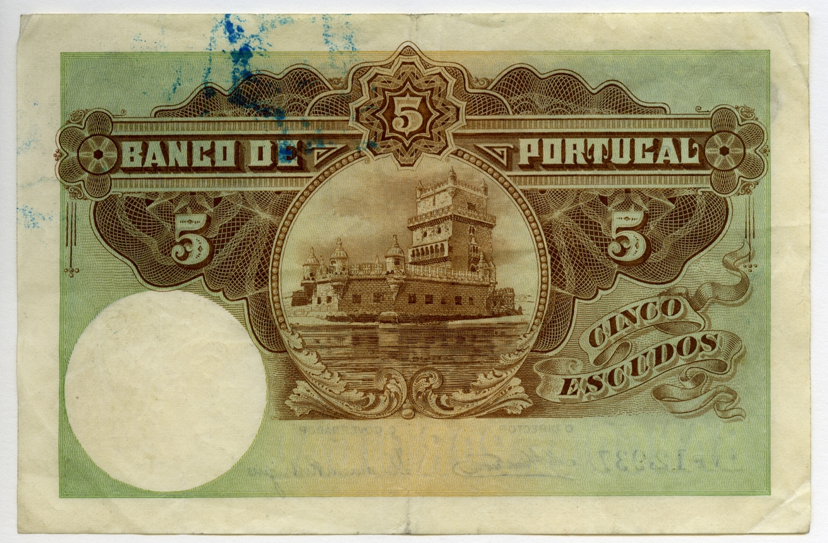 5 Escudos 1923 nödsedel Portugal.

Nr: 1 VF 12,937