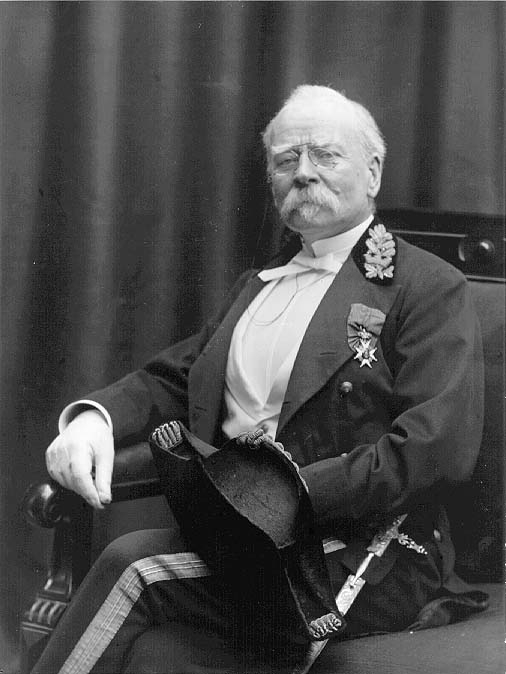 Porträtt av borgmästare V Egnell i ämbetsuniform sittande i en fåtölj.