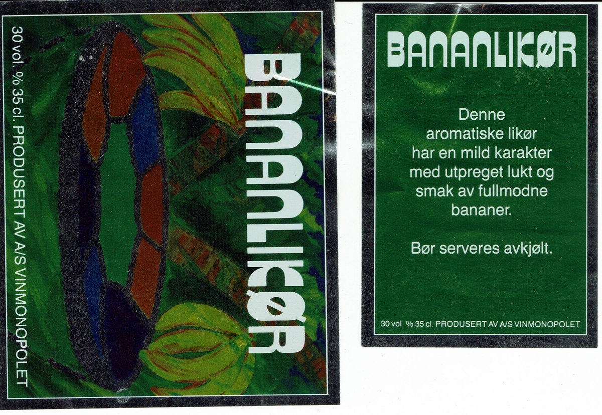 Bananlikør. Produsert av A/S Vinmonopolet. 30 vol% Etikett fra 1984. 