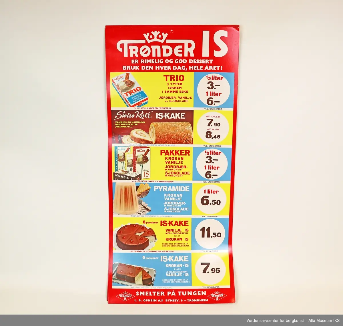 Fem reklameplakater for Trønder Is i to varianter. Plakatene har bilder, beskrivelser og priser på de ulike typene iskrem fra produsenten.