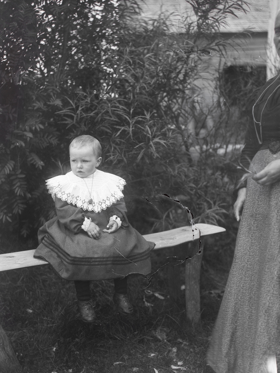 Portrettfotografi av et lite barn som sitter på en benk i en hage.