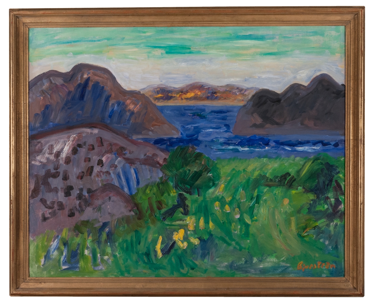 Oljemålning på pannå, "Landskap med klippor". Motivet är ett landskap från västkusten, en äng i förgrunden, klippiga öar i fonden.