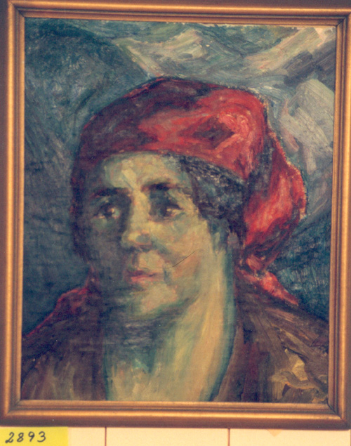 Portrett av Ågot Mandt. Ein lapp er festa til baksida med maleriet, der det står: "Dette bilde er en del av et større portrett malt av Nanna Kiønig på Dalen av Aagot Mandt. Avskjæringen er gjort av Ture Holm."