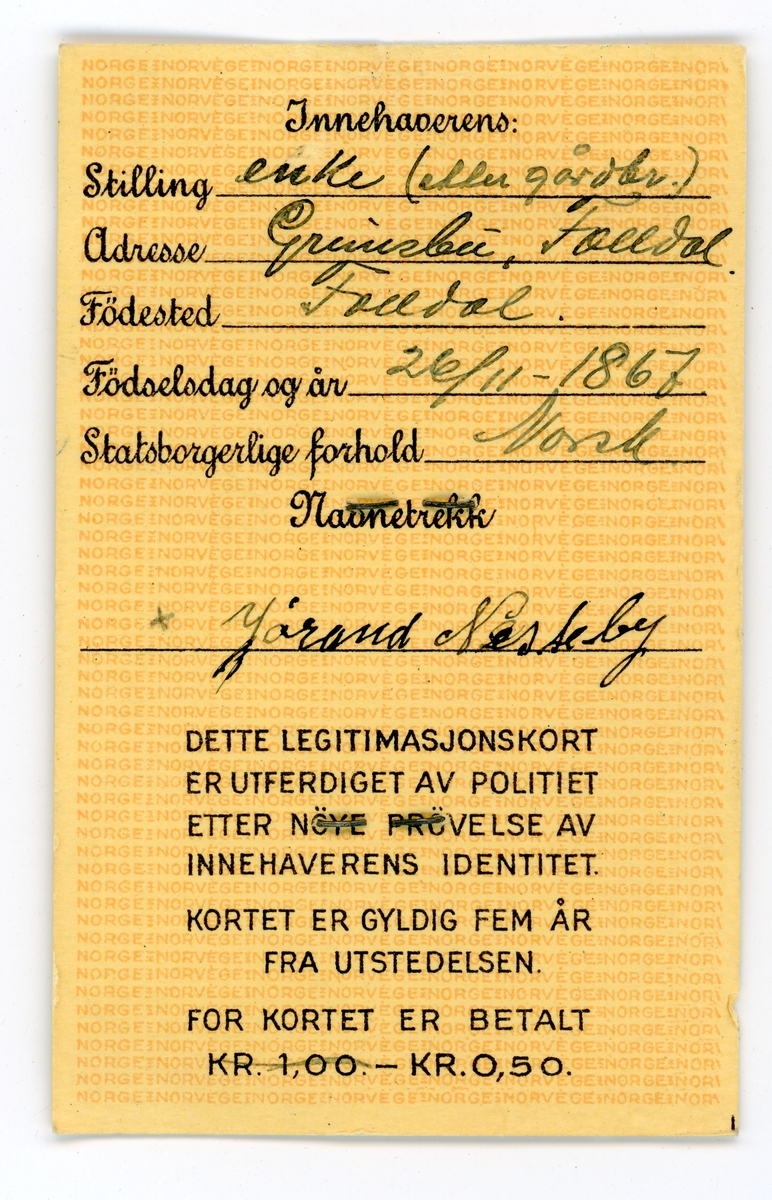 Legitimasjonskort  Jøran Nesteby (født 26/11-1867)