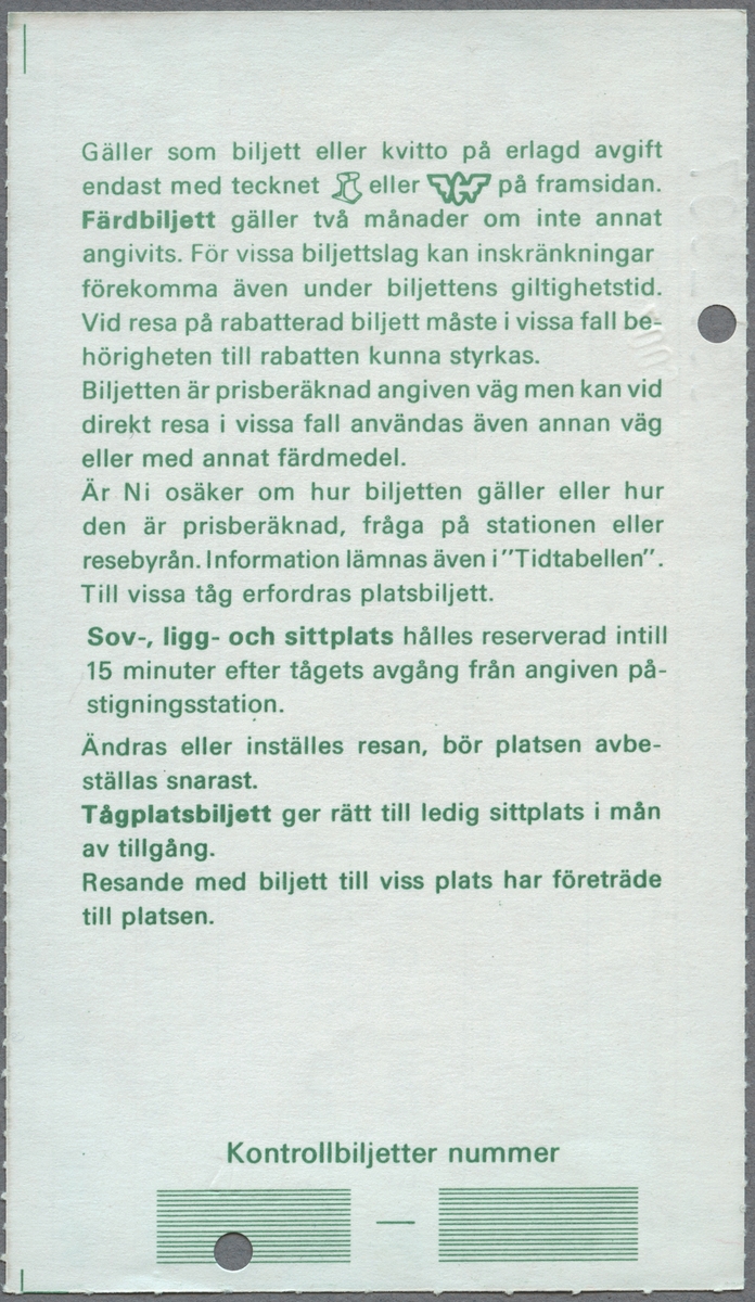 En enkelbiljett i andra klass med rabattkort för SJ tåg på sträckan Stockholm C - Älmhult. Biljetten var giltig i 10 dagar och kostade 93 kronor. På biljettens baksida finns resevillkor.