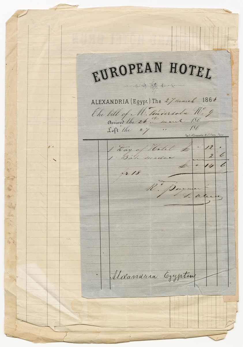 Hotellräkningar och järnvägsbiljetter från Adolf Andersohns olika resor.