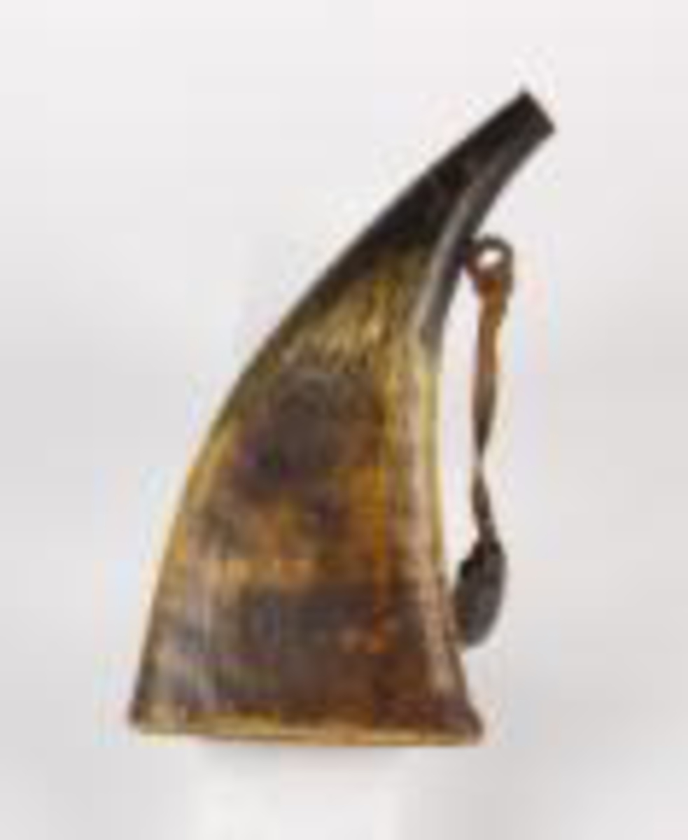 Ovalt krutthorn med fjærbelastet jernlås. Bunnplate av tre. Jernøye for oppheng med lærreim og påhengt kruttmål av horn.