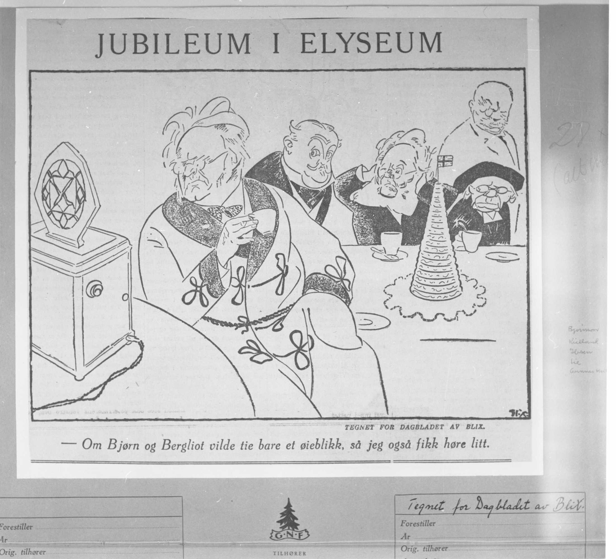 Karikatur, Jubileum i Elyseum, Blix, Ibsen, Kielland, Lie, 