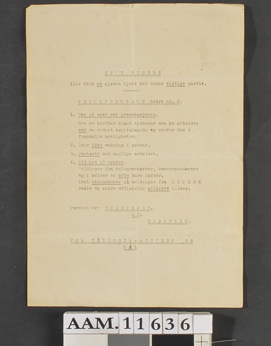 Heimefrontens ordre nr. 2,  løpeseddel. 1944 -45.   Papir med stensilert tekst.