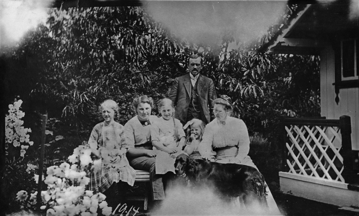 Familien fotografert i hagen, hund, barn