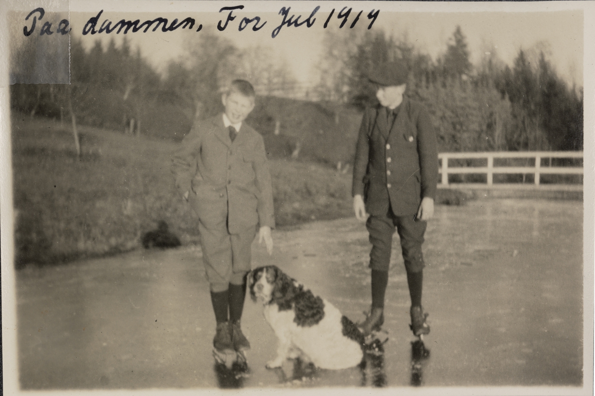 "Paa dammen, Før Jul 1914" er det skrevet med sort penn på fotografiet. To gutter som står på skøyter på en oppdemmet dam. Sammen med guttene er hunden som heter "Darling".