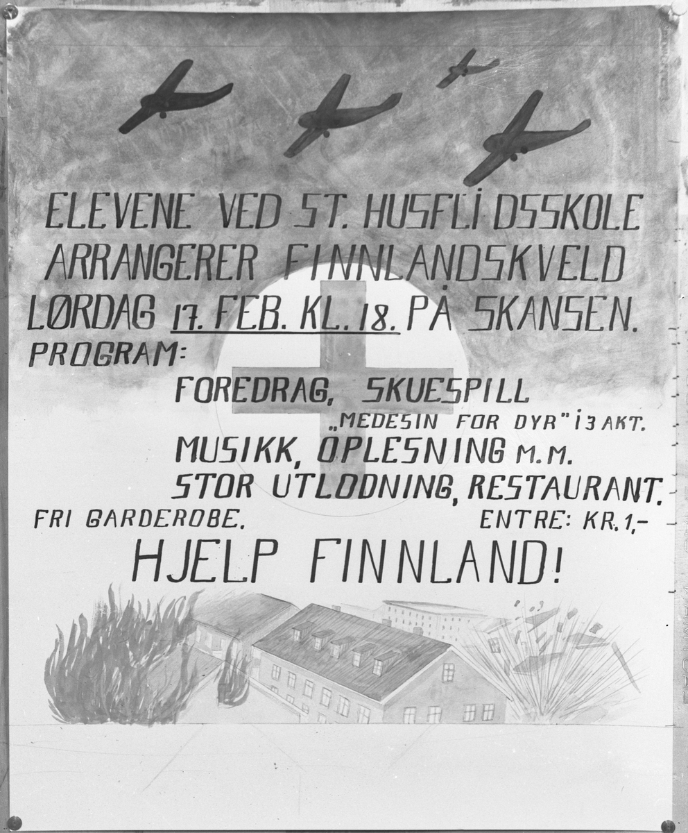 Plakat med ”Hjelp Finland” laget av elevene ved Statens Husflidsskole, Skansen, Blaker. 17. febr. 1940.