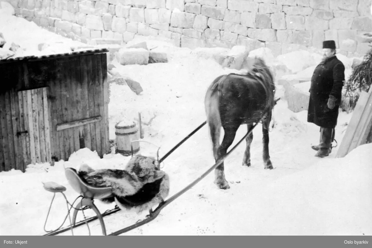 Hest og slede på demningsanlegg - vinterbilde