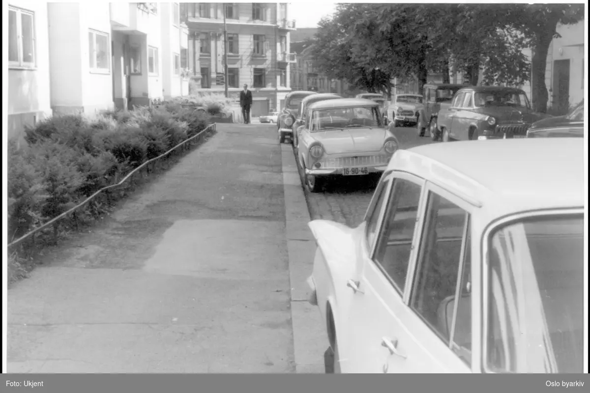 Forhager med buskvegetasjon. Biler parkert langs fortauskant. Sannsynlig fra 1960-tallet.