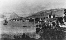 Molde sett fra øst., Akvarell av Molde med den gamle kirken.