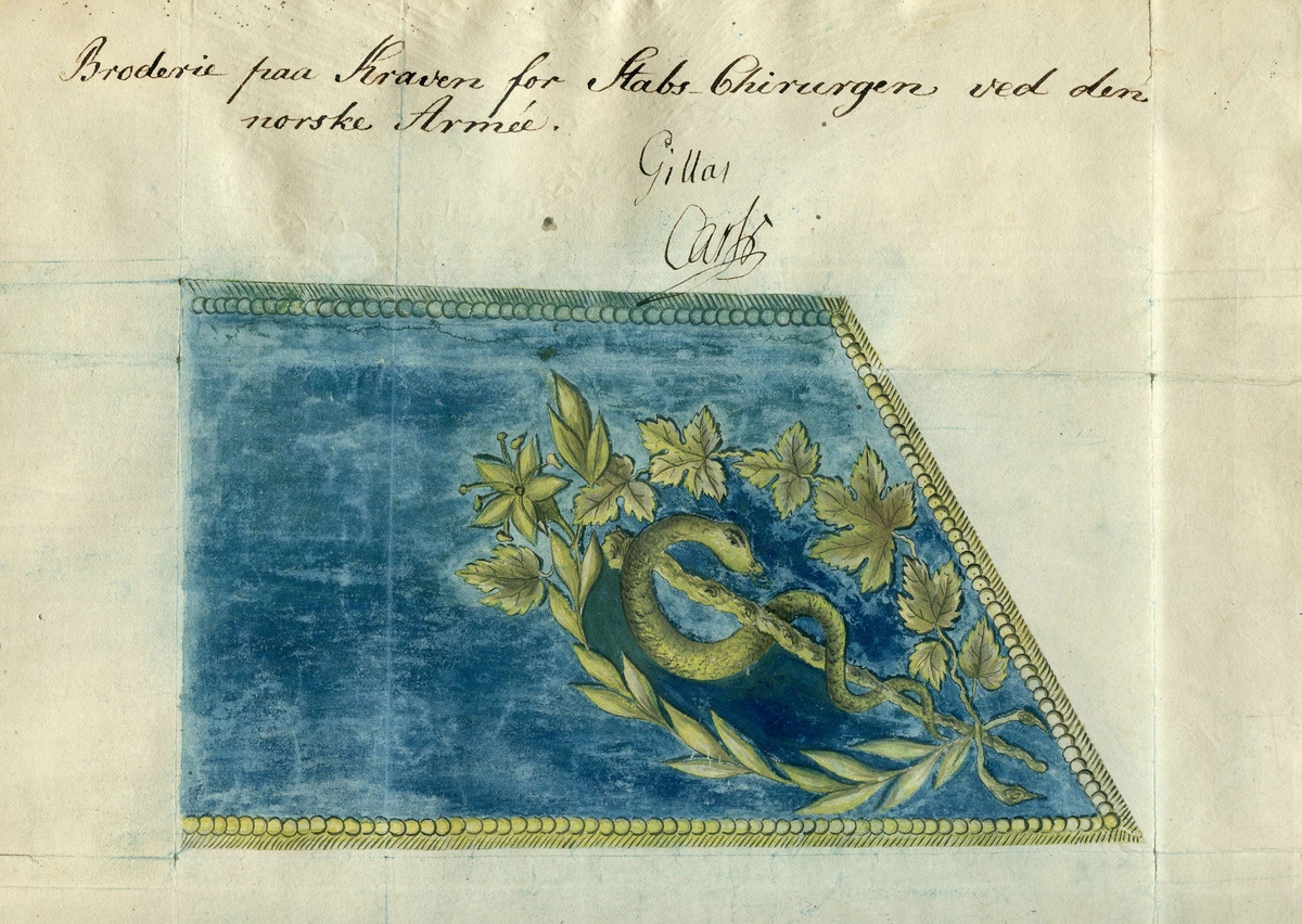Broderi på kraven for stabskirurgen ved den norske arme. Approbert av Carl Johan (Gillar: Carl Johan). 1820.