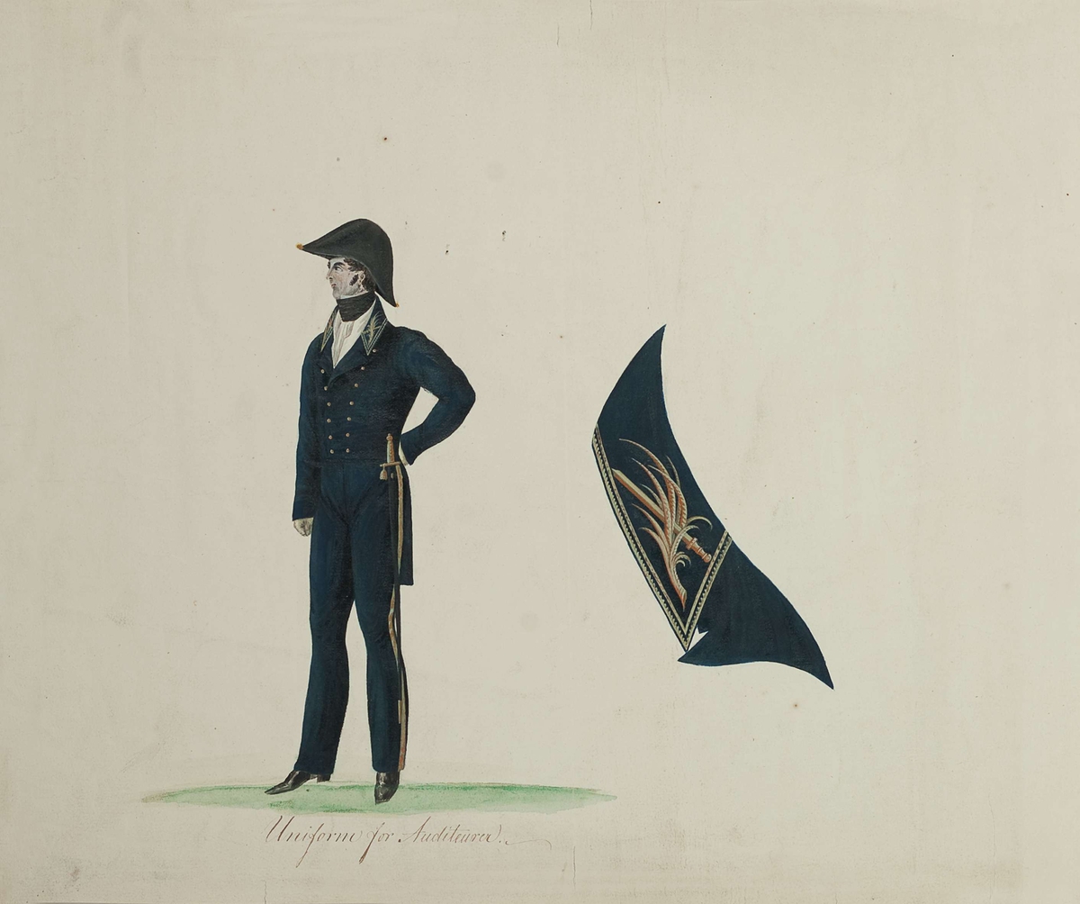 Usignert approbasjonstegning for uniform til Auditeurer, 1839. Tekst: Uniform for Auditeurer.