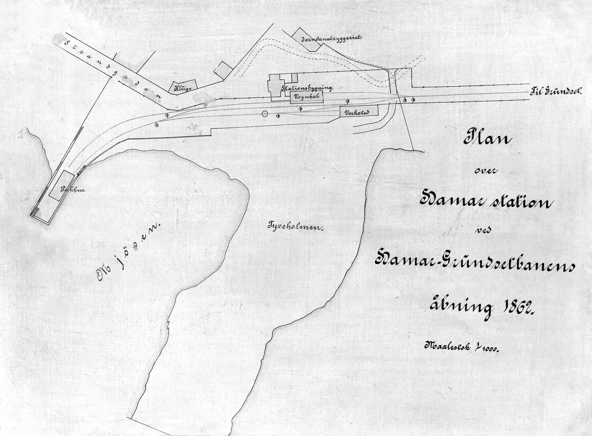 Hamar, kart datert 1862, Hamar jernbanestasjon og jernbanebrygga til åpning av Hamar-Grundsethbanens åpning i 1862, dampskipsbrygga, Hamarbukta, Tjuvholmen, Jernbanebryggeriet, Kluge hotell

